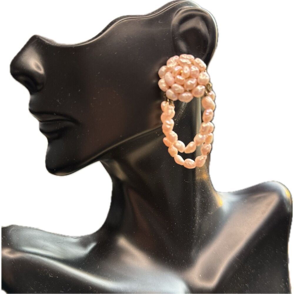 VTG Pink Genuine Pearl Dangle Earrings over Gold Plated Marked JK